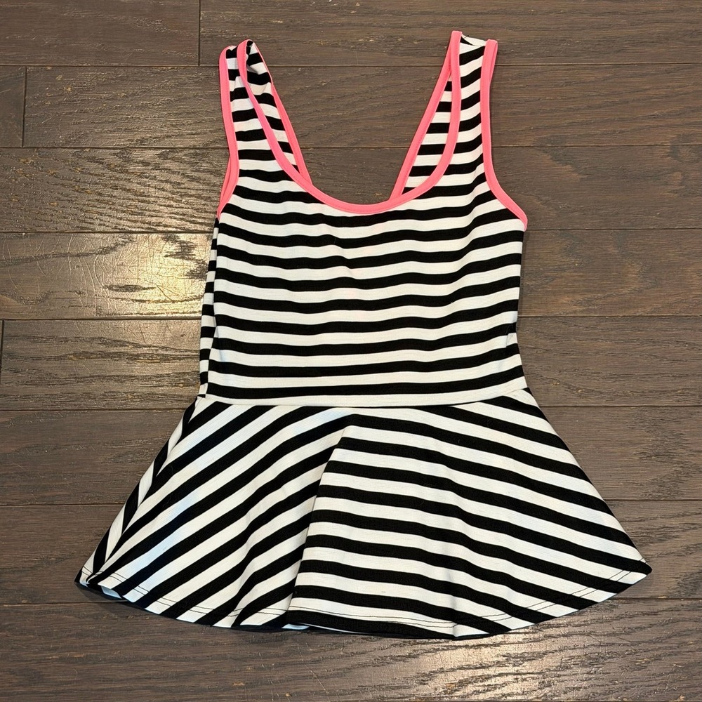 Love Culture Womens Striped Peplum Tank Top Neon Pink Bow Back Black White Small